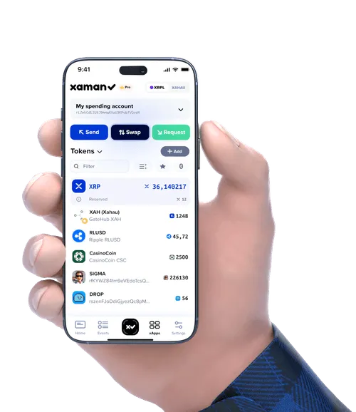 Hand holding a smartphone displaying a cryptocurrency wallet interface, showing account details and token balances.