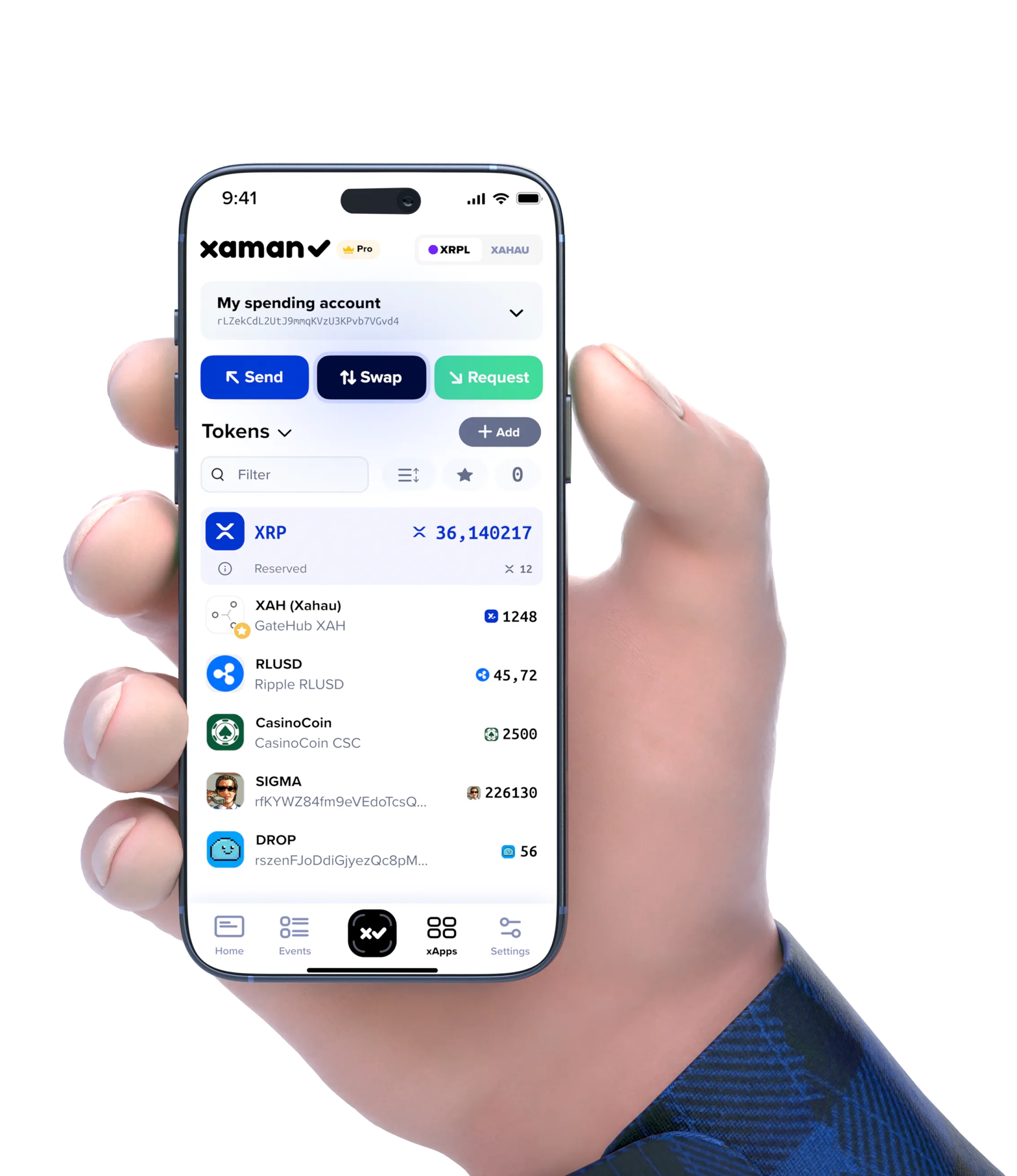Hand holding a smartphone displaying a cryptocurrency wallet interface, showing account details and token balances.