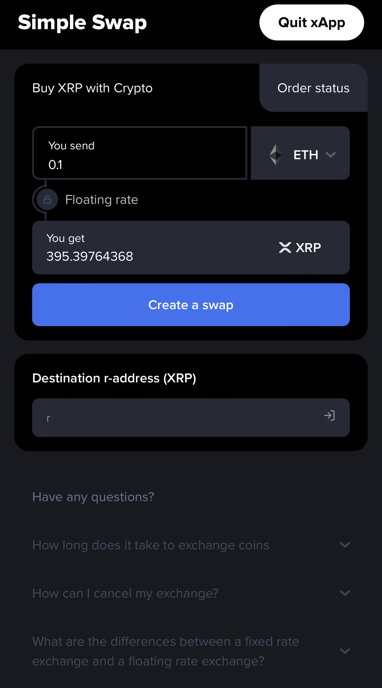 SimpleSwap xApp home screen.
